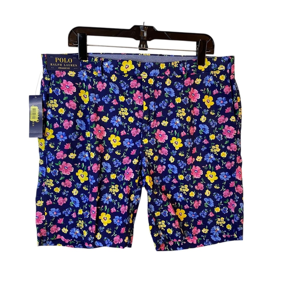 Polo Ralph Lauren Flat Front Shorts Size 36W Mens Blue Floral Cotton NWT New